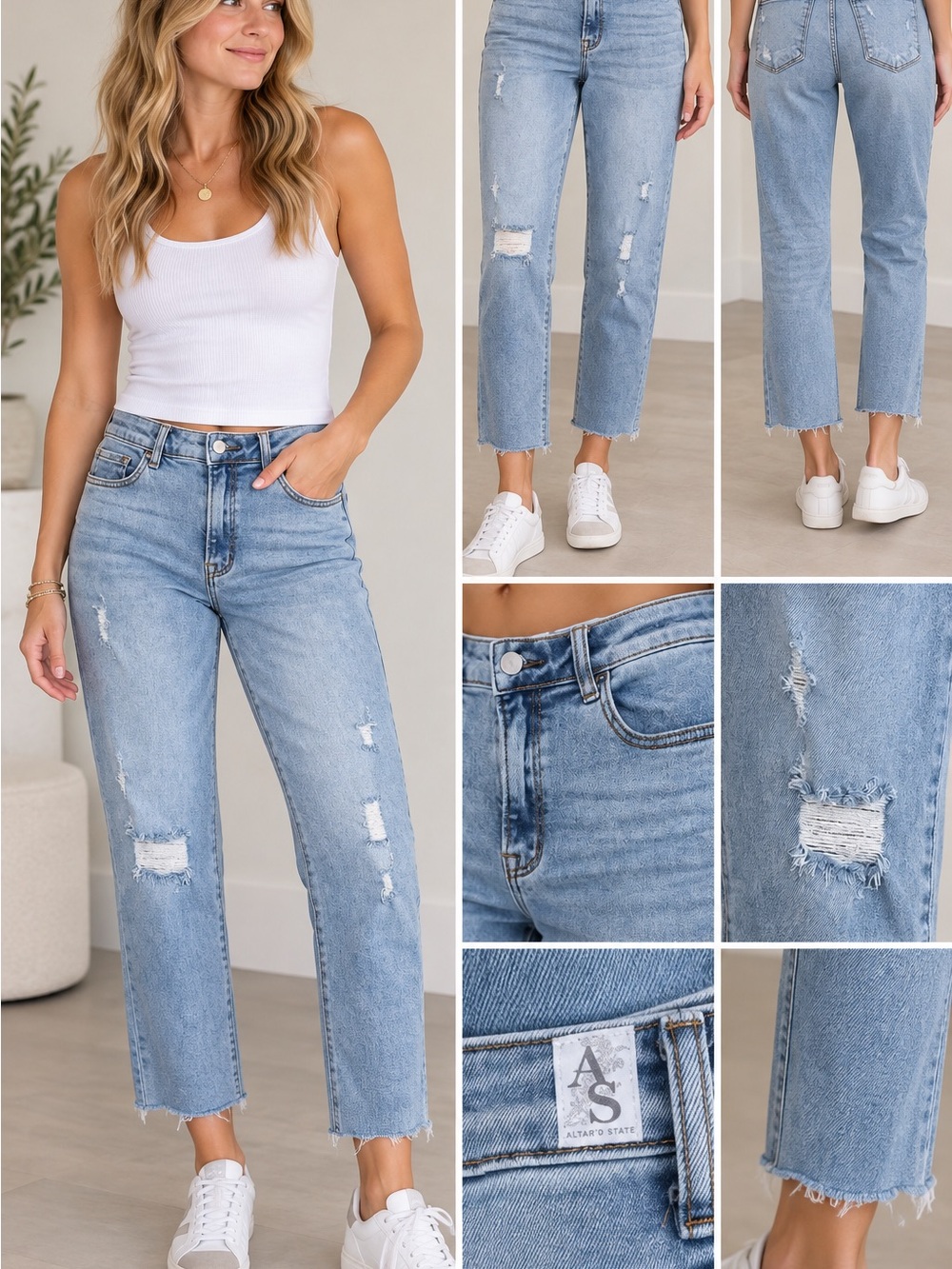 Altar’d State Distressed Light Wash Cropped Jeans Raw Hem Ankle Straight Leg